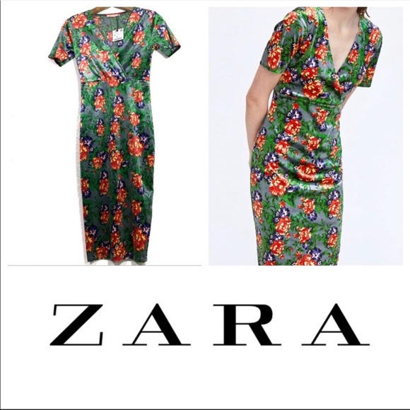 Zara Floral Short Sleeve Velvet Midi Bodycon Dress - Picture 3 of 8